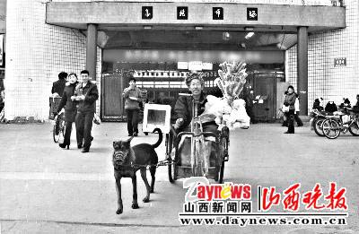 2007感动中国十大动物之老汉乘狗拉轮椅上街卖糖葫芦